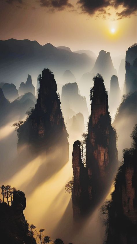 Asian Landscape Photography, Japanese Landscape Photography, Matt Painting, China Landscape, Chinese Plants, Chinese Mountains, Japanese Mountains, Asian Landscape, Zhangjiajie