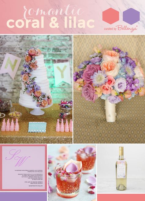 Lilac And Coral Wedding, Coral And Lavender Wedding, Wedding Color Schemes Summer Colour Palettes, Purple Coral Wedding, Purple And Coral Wedding, Peach And Lavender Wedding, Lavender Palette, Ivy Wedding, Coral Wedding Colors