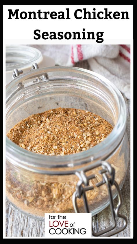 This Montreal chicken seasoning is a tasty blend of garlic, onion, herbs, & other flavorful spices and makes chicken extra tasty! #recipes #dryrub #chickendryrub #recipe #seasoningblends Montreal Chicken Seasoning Recipe, Montreal Chicken Seasoning, Chicken Dry Rub, Montreal Chicken, Homemade Staples, Ranch Seasoning Recipes, Chicken Seasoning Recipes, Dry Rub For Chicken, Homemade Dry Rub