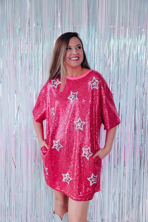 Sequin T Shirt Dress, Sequin Shirt Dress, Taylor Swfit, Vitamins For Hair Growth, Sequin Outfit, Sequin Shirt, Pink Stars, Deep Pink, Pink Sequin