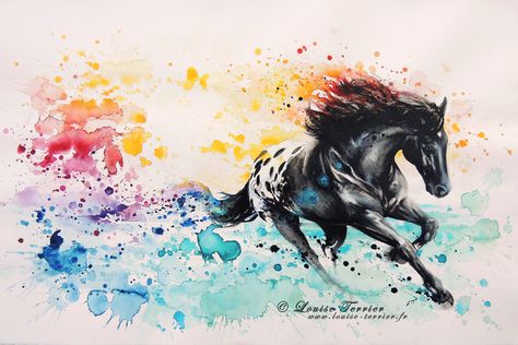 “Tropical wild” / watercolor  Artist : Louise TERRIER / France  More on : https://www.facebook.com/pages/LOUISE-TERRIER-Artiste-peintre-Officiel/101011090074245 Horse Running, Horse Artwork, Watercolor Horse, Horse Tattoo, Appaloosa Horses, Cat Air, Horse Drawings, Desenho Tattoo, Equine Art