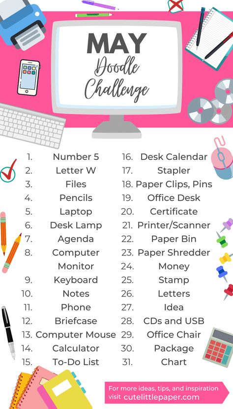 May Doodle Challenge - List Of Drawing Prompts - Cute Little Paper Doodle Prompts, Challenge List, Doodle Challenge, 30 Day Drawing Challenge, Word Challenge, Journal Challenge, Art Challenges, Drawing Prompts, You Doodle