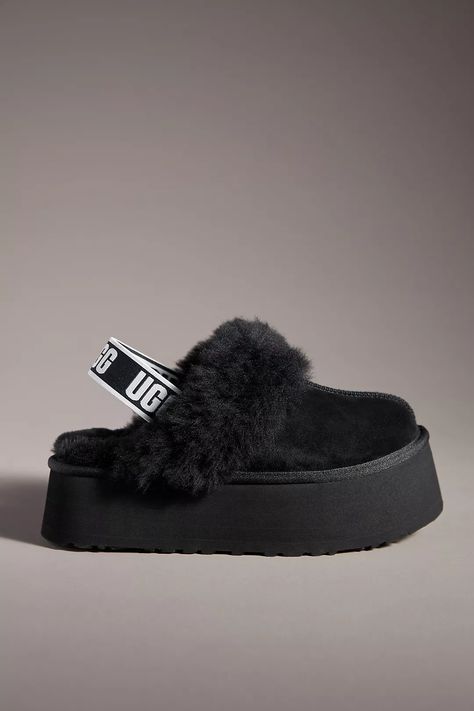 UGG Funkette Platform Slippers | Anthropologie Uggs Slippers Outfit, Ugg Funkette, Oversized Faux Fur Coat, Slippers Outfit, Cinderella Slipper, Faux Fur Bucket Hat, Pink Uggs, Shearling Slippers, Black And White Heart