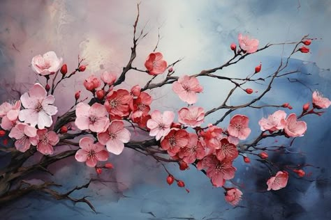 Cherry Blossom Tree Branch, Background Watercolor Painting, Blue Watercolor Background, Cherry Blossom Painting, Tree Textures, Abstract Art Diy, Flower Painting Canvas, Background Watercolor, Floral Branch