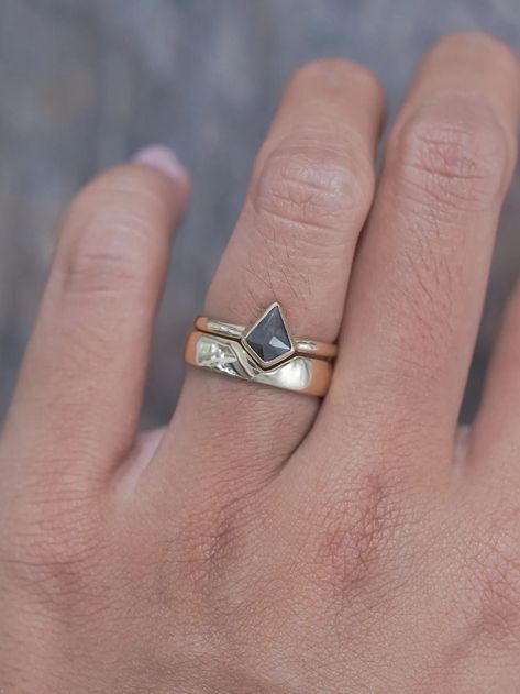 Ditch tradition with this striking unisex cutout wedding band.  Its modern triangle design is meant to be paired with a soulmate—think engagement ring?  Crafted from 18 karat yellow, white, or rose gold, this sleek, shiny band boasts a comfortable, smooth interior.  Choose your size and width for a perfect fit. Engagement Rings Masculine, Nonbinary Engagement Ring, Weird Wedding Rings, Masculine Engagement Rings, Flat Engagement Rings, Lesbian Engagement Ring, Thick Band Engagement Ring, Thick Wedding Bands, Nontraditional Engagement Rings