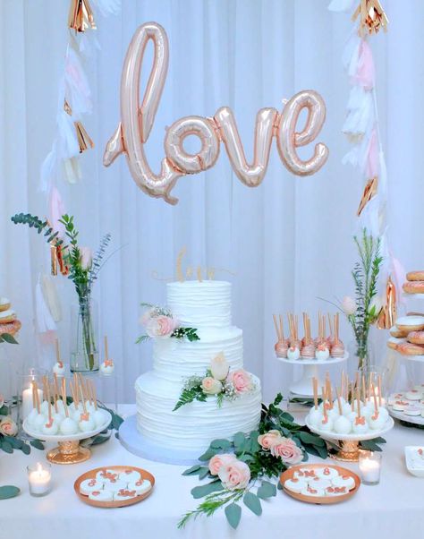 Happily Ever Azie Engagement Party | CatchMyParty.com Engagement Party Dessert, Engagement Party Table Decor, Rose Gold Engagement Party, Engagement Party Desserts, Copper Wedding Cake, Engagement Party Table, Wedding Cake Table Decorations, Engagement Party Ideas, Gold Engagement Party