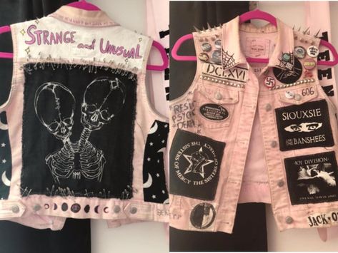 Battle Jackets Pink Battle Vest, Pink Punk Jacket, Pink Battle Jacket, Battle Vest Ideas, Goth Vest, Bubblegum Goth, Vest Ideas, Punk Vest, Battle Jackets