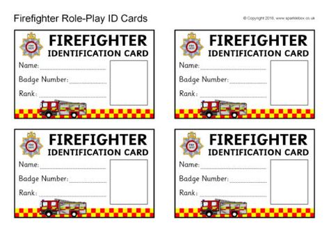 Firefighter Role-Play Identity Cards (SB12468) - SparkleBox Firefighter Role Play, Firefighter Cards From Kids, Fire Fighter Thank You Card Preschool, Fire Station Role Play, Firefighter Dramatic Play, Pretend Play Grocery Store, Attendance Chart, Card Costume, Award Template