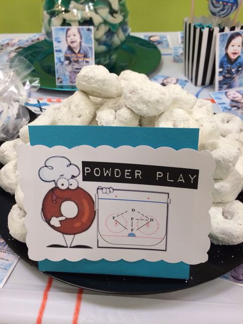 Raylen Jax's first birthday with a San Jose Sharks hockey theme - Power Play... powdered donuts = powder play Hockey Themed Birthday Party Food, Hockey Food Ideas, Hockey Themed 1st Birthday Party, 1st Birthday Hockey Theme, First Birthday Hockey Theme, The Great One Hockey Birthday, Hockey First Birthday Party, Hockey Party Food, Hockey Desserts