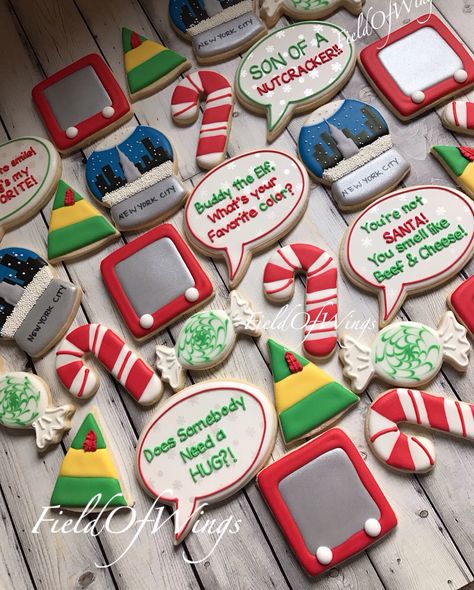 Elf Movie decorated Christmas sugar cookies | #FieldOfWings #elf #christmasCookies #elfcookies Buddy Elf Cookies, Buddy The Elf Cookies Decorated, Buddy The Elf Cookies, Elf Christmas Cookies, Elf Nails, Movie Cookies, Christmas Sugar Cookie Designs, Christmas Reception, Elf Themed Christmas Party