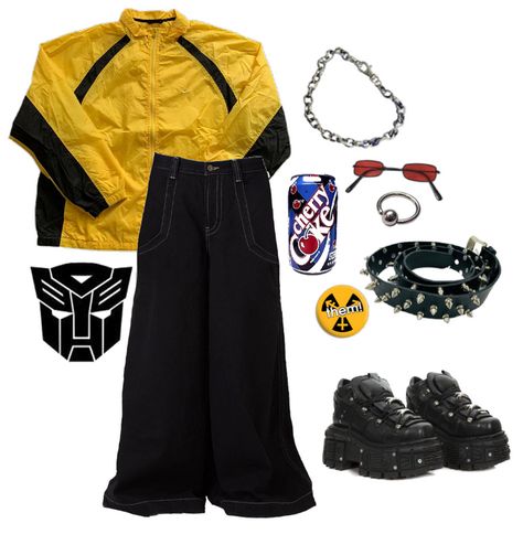 Transformers Outfits Ideas, Transformers Inspired Outfits, Red Lense Sunglasses, Transformers Outfits, Tfa Bumblebee, Cool Outfit Ideas, Cool Outfit, Room Stuff, Mall Goth