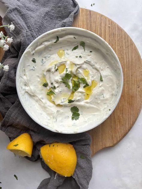 Yogurt Tahini Sauce, Garlic Tahini Sauce, Whipped Yogurt, Mediterranean Food, Tahini Sauce, Yogurt Sauce, Yummy Dips, Nutrition Information, Mediterranean Recipes