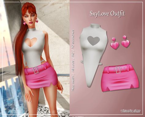 Sims 4 - Clothes - WisteriaSims - For Woman - SxyLove Outfit Set Sims 4 Cc Bimbocore, Sims 4 Bodysuit, Sims 4 Mini Skirt, Sims 4 Cas Mods, Cc Folder, Sims 4 Anime, Sims 4 Cc Shoes, The Sims 4 Packs, Sims 4 Cc Makeup