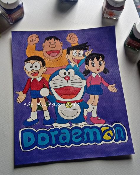 Doremon All Characters Drawing, Colourful Cartoon Drawings, Doraemon Acrylic Painting, Doraemon Doodle Art, Cute Doraemon Drawing, Acrylic Painting Cartoon Characters, Doraemon Cartoon Drawing, Doraemon Painting, Shinchan Painting