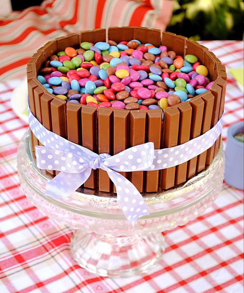 Chocolate Cake with Smarties, Kitkats and Fondant Smartie Cake, Smarties Cake, Nostalgia Party, Barrel Cake, 2nd Birthday Cake, 5th Birthday Cake, Birthday Baking, 2 Birthday Cake, Kids Cakes