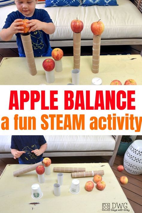 STEAM fall balance activity for kids. Practice balance, gravity, hands on learning, and impulse control. Fun DIY game for preschooler and toddler using apples! #preschool #todder #stayathomemom #preschoolathome #fall #fallactivities #falldecor #preschoole Using Apples, Preschool Apple Theme, September Preschool, Apple Lessons, Preschool Fall, Apple Preschool, Preschool Stem, Apple Unit, Fall Preschool Activities