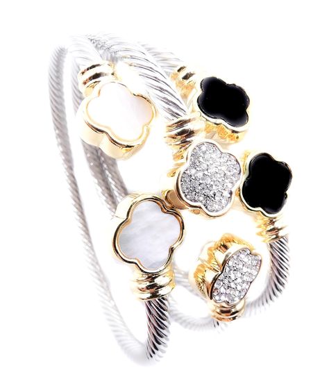 PRICES MAY VARY. END TIPS: 12mm Width TWISTING CABLE BAND: 5mm Width OPENING MEASURES: 7.5 Inches Long ❤ CHIC & STYLISH: Classic Unique Style! This amazing gorgeous twisting cable cuff bracelet features ornately crafted 18kt gold plated clover flower end tips available in black onyx, mother of pearl shell & shimmery pave crystals. It effortlessly slips onto your wrist with comfort and looks rich and sophisticated! Gorgeously crafted with intricate styling & detailing, this cuff bracelet makes a Trendy Accessories 2024, Trending Bracelets 2024, Trending Jewelry 2024, Jewelry 2024 Trends, Jewelry Trends 2024, Cuff Bracelets Gold, Luxury Accessories Woman, Dope Jewelry Accessories, Creative Shoes