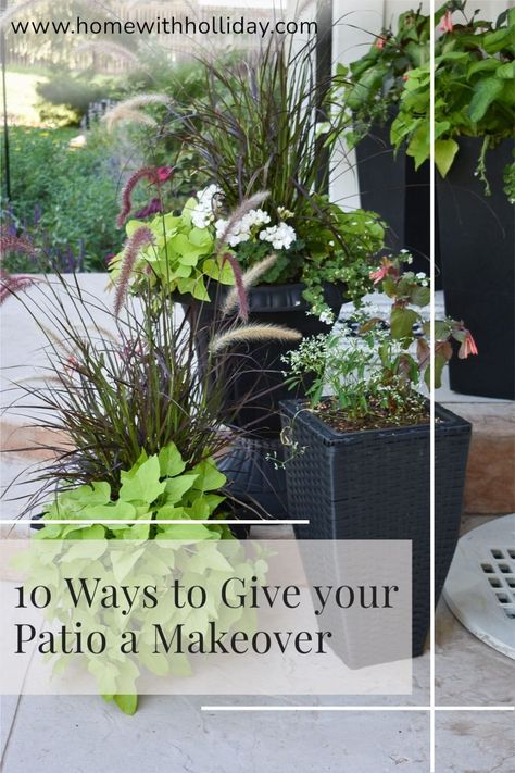 Three Planter Pots on a patio Porch With Potted Plants, Planter Ideas For Patio, Plant Patio Decor, Three Planters Together, Outdoor Plant Pot Groupings, Patio Planting Ideas Pots, Planters On Patio Ideas, Pot Placement On Patio, Decorating Patio With Plants