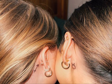 Sagittarius Tattoo Behind The Ear, Sagittarius Face Tattoo, Saggitarius Sign Tattoo, Sagittarius Ear Tattoo, Taurus Tattoo Behind Ear, Sagittarius Planet Tattoo, Behind The Ear Tattoos, Taurus Tattoo, Tattoo Behind Ear