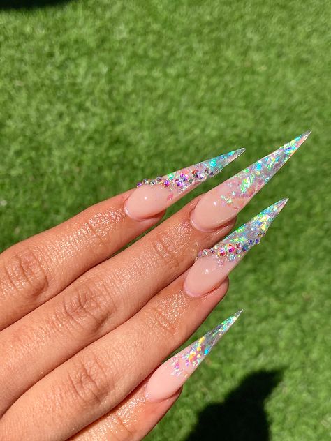 Nail Flakes Design, Birthday Nails Stilleto, Opal Flake Nails, Stiletto Nails With Gems, Incapcilated Nails, Opal Nails Acrylic, Stiletto Birthday Nails, Stiletto Acrylic Nails, Bling Stiletto Nails