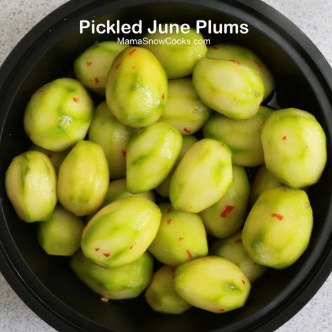 Pickled June Plums – Mama Snow Cooks and More June Plum, Thai Chili Paste, Pickled Fruit, Black Dessert, Plum Recipes, Chili Paste, Tropical Fruits, Tropical Fruit, Fish Sauce