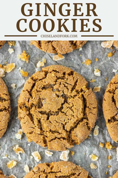 These ginger cookies are soft and chewy and have a hint of spice from cayenne pepper that gives them a unique twist. #gingercookies #giantgingercookies #chewygingercookies #softgingercookies #cookies | chiselandfork.com Ginger Chew Cookies, Spicy Ginger Cookies, Ginger Cookies Recipe, Soft Ginger Cookies, Chewy Ginger Cookies, Crackle Cookies, Ginger Cookie Recipes, Ginger Chews, Gingersnap Cookies