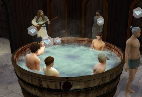 The Medieval Bath House for Sims 4 - please update | Medieval Sim Tailor & Carpenter Sims 4 Medieval, Barrel Sink, Sims 4 Stories, Simple Pool, Sims Medieval, Medieval Decor, Sims Stories, Rustic Bath, Fireplace Set