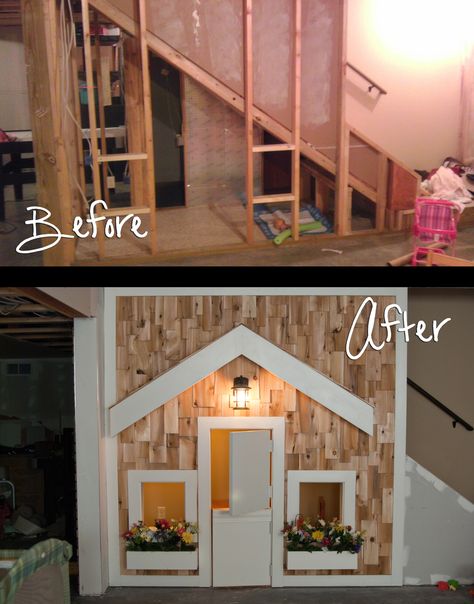 Playhouse under the stairs for the kids.  This is the "girls" side complete with a dutch door, porch light and window flower boxes.  Sometimes it is a playhouse, other times it is a doctors office, school or starbucks drive thru! Under Stairs Playhouse, Under Stairs Playroom, Unfinished Basement Ideas, Basement Playroom, Under The Stairs, Basement Stairs, Basement Makeover, Dog Rooms, Unfinished Basement