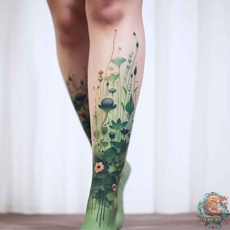 Magic Nature Tattoo, Leaf Vine Tattoo Leg, Overgrowth Tattoo, Botanical Tattoo Black And White, Legend Of Zelda Flower Tattoo, Full Body Plant Tattoo, Emerald Green Tattoo, Decomposition Tattoo, Green Tattoos For Women