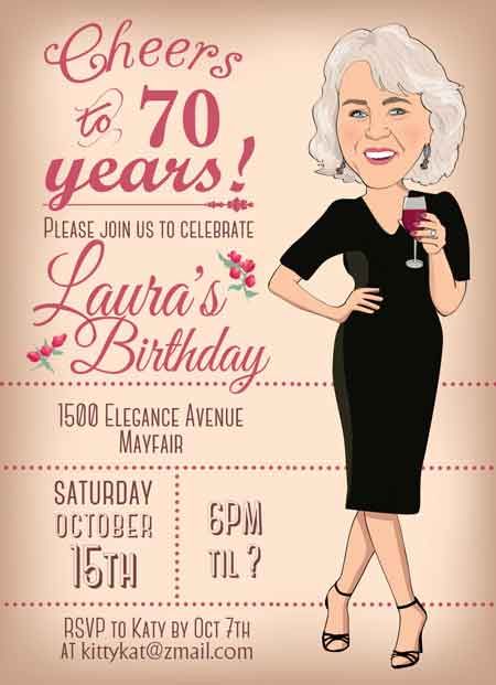 custom cartoon 70th birthday invitation 70th Birthday Party Ideas For Mom, 70th Birthday Party Ideas, 70th Birthday Ideas For Mom, 70th Birthday Invitations, 80th Birthday Invitations, Birthday Invitations Diy, 60th Birthday Invitations, Woman Birthday Party, 30th Birthday Invitations