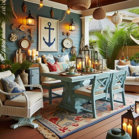 Coastal Outdoor Decor: Nautical Theme on the Patio Nautical Patio Decorating Ideas, Bathroom Ceiling Ideas, Nautical Patio, Bedroom Solutions, Nautical Outdoor Decor, Ikea Inspired Bedroom, Coastal Chic Decor, Basket Cover, Bohemian Patio