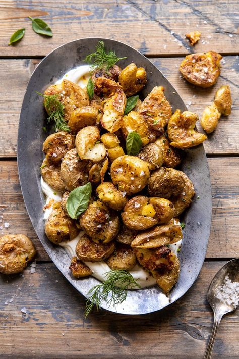 Crispy Salt and Vinegar Smashed Potatoes | halfbakedharvest.com #potatoes #instantpot #easyrecipes #sidedish Half Baked Harvest Artichoke, Parsley Recipes, Half Baked Harvest Recipes, Chicken Saltimbocca, Crispy Smashed Potatoes, Vegan Summer Recipes, Salt And Vinegar, Chicken Corn, Gold Potatoes