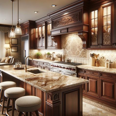 cherry kitchen cabinets with creamy beige granite countertops Cream Kitchen Cabinets With Dark Granite, Kitchen Ideas Cherry Wood Cabinets, Kitchens With Brown Granite Countertops, Stone Kitchen Design, Light Granite Countertops, Cherry Wood Cabinets, Classic Kitchen Design, Cherry Cabinets, Brown Cabinets