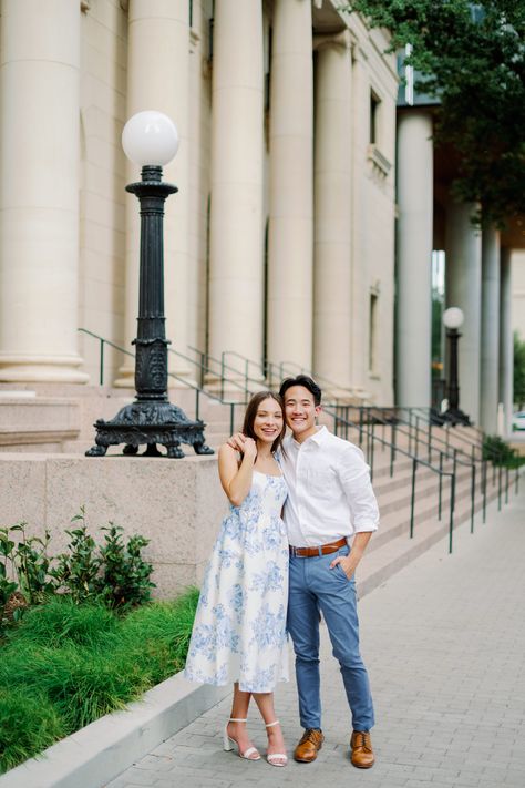 blue & white midi dress + slacks & white button down combo Blue And White Couples Outfit, East Austin Texas, Houston Photography, Houston Wedding Photographer, Blue And White Dress, Engagement Session Outfits, Austin Wedding Photographer, Houston Wedding, Engagement Photo Outfits