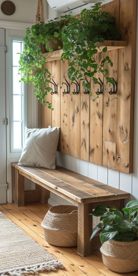 Cottage Style Entryway Ideas, Narrow Mudroom Ideas Entryway Hallway Storage, Side Entrance Ideas Entryway, Entryway Ideas Rustic, Entry Bench Decor Entryway, Rustic House Decor Ideas, Narrow Entryway Ideas, Modern Entryway Design, Entry Hallway Ideas