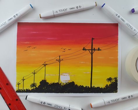 Marker Artwork, Sunset Drawing, High School Life Hacks, High School Life, Sky Painting, Life Hacks For School, Sunset Art, Wow Art, Alcohol Markers