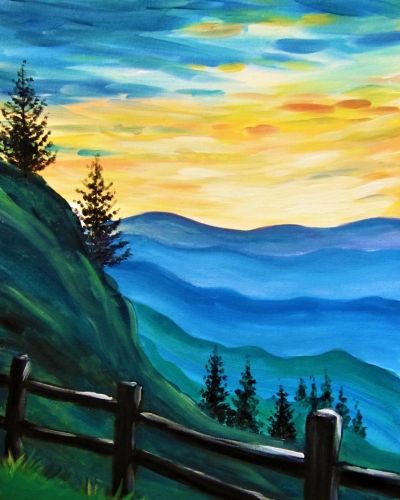 Scenic Overlook painting Easy Scenic Canvas Painting, East Landscape Painting, Scenic Painting Easy, Paint Nite Ideas, Social Painting, Scenic Painting, Pastels Art, Art For Beginners, Paint Nite