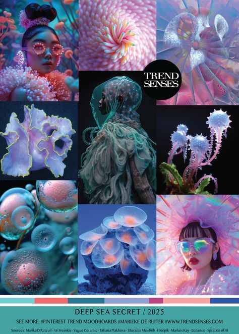 DEEP SEA SECRET // 2025 – Trendsenses - #moodboard #2025 #forecasting - #mariekederuiter - Sources: Marika D’Auteuil – Ari Weinkle – Vague Ceramic – Tatiana Plakhova – Sharailin Mawlieh – Freepik – Markos Kay – Behance – Sprinkle of AI Website Trends 2024, Trend Forecast 2025, Trend Senses, Ocean Fashion Design, Trend Template, Fashion Trending Moodboard, Fashion Show Themes, 2025 Trends, Fashion Trend Board