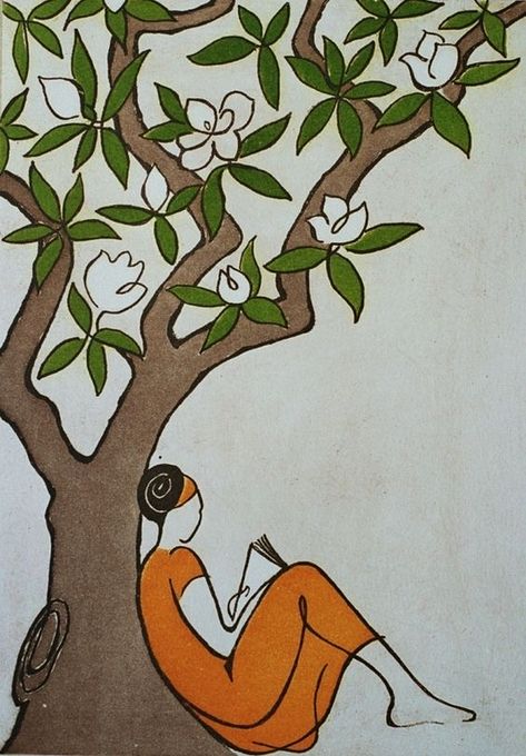 Girl Reading Book, Inside Art, Magnolia Tree, Animal Illustration Art, Art Greeting Cards, Magnolia Trees, Paintings Prints, Indian Art Paintings, Heart Art