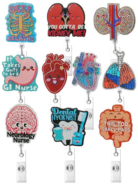 PRICES MAY VARY. Diverse Styles: these retractable acrylic badge reels are designed into 10 different shapes and patterns, including heart,brain,cardiac,respiratory therapist,cardiology,dental and so on, which will be cute and funny. Retractable Cord: the nylon rope of these nurse badge reels can be retracted to 25.6 inches in length,making it easy to reach and swipe your ID or badge without having to take it off,The cord is durable and can withstand frequent use, ensuring that it will last for Nurse Badges, Medical Assistant Student, Office Employee, Bulk Gifts, Heart Brain, Professional Nurse, Pharmacy Tech, Reel Ideas, Retractable Id Badge Holder