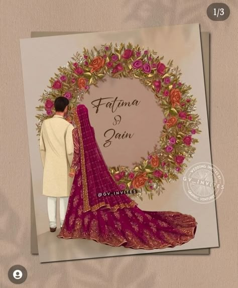 Muslim Wedding Couple Illustration, Shadi Card Design Muslim, Indian Wedding Illustration Art, Nikah Illustration, Muslim Wedding Caricature, Pakistani Wedding Invitations, Pakistani Wedding Cards, Wedding Illustration Card, Couple Illustration Wedding