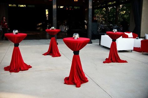 Cocktail Table Decor, Red Cocktails, Hollywood Theme, Event Solutions, Red Party, Red Table, Red Decor, Tables And Chairs, Table Cloths