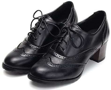 Saddle Oxford Shoes, Leather Oxfords Women, Heeled Brogues, Tina Goldstein, Saddle Oxfords, Walking In Heels, Oxford Pumps, Lace Up Block Heel, Mid Heels Pumps