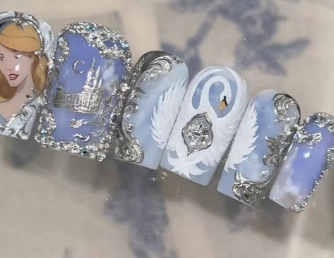 Nails by vivxue🦢 Princess Nails Design, Swan Nails Design, Swan Lake Nails, Rococo Nails, Lake Nails, Bridgerton Nails, Swan Nails, Princess Nail Designs, Bedazzled Nails