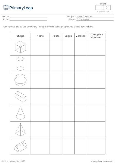 A year 2 maths worksheet helping students learn the properties of 3D shapes. There is a table for students to complete with the shape, name, faces, edges, vertices, and 2D shapes I can see. Year 2 Maths, 3d Shapes Worksheets, 3 Dimensional Shapes, Main Idea Worksheet, Math Coloring Worksheets, 2d And 3d Shapes, Pattern Worksheet, Dimensional Shapes, Shapes Worksheets