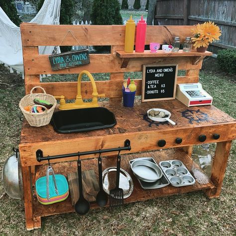 Outdoor kids mud kitchen nature play mud pies outdoor fun diy ikea hack sensory play recycled Mud Kitchen Diy, Outdoor Play Kitchen, Mud Kitchen For Kids, Mud Pies, Outdoor Play Space, Kids Backyard Playground, Outdoor Play Spaces, Backyard Kids Play Area, Kids Mud