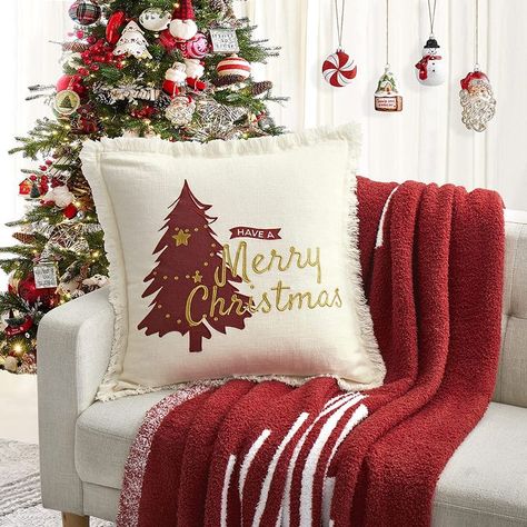 Christmas Cushions Ideas, Christmas Pillow Cover, Soft Throw Pillows, Christmas Cushion, Christmas Cushion Covers, Christmas Throw Pillow, Unique Pillow, Fringe Pillows, Farmhouse Pillow