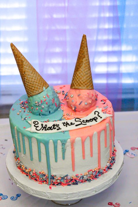 Ice Cream Cone Gender Reveal, Ice Cream Cake Gender Reveal, Gender Reveal Theme For Twins, I’ve Cream Gender Reveal, Ice Cream Theme Gender Reveal Ideas, Ice Cream Scoop Gender Reveal, Gender Reveal Ice Cream Cake, Ice Cream Themed Gender Reveal Party, Whats The Scoop Gender Reveal Cake