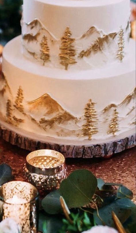 Aspen Wedding Cake, Pine Tree Wedding Cake, Mountain Wedding Cake Topper, Mountain Themed Wedding Centerpieces, Winter Themed Wedding Cakes, Wedding Cakes Forest Theme, Mountain Wedding Cake Ideas, Forest Cake Wedding, Winter Colorado Wedding