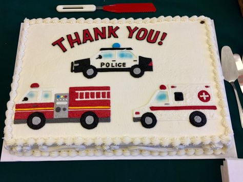 Hand drawn police, fire and ambulance vehicles on our sheet cake. First Responder Birthday Cake, Rescue Vehicle Birthday Cake, Emergency Vehicle Cake, Emergency Vehicle Birthday Cake, Ambulance Cake, Police Cakes, Colorful Birthday Cake, Firetruck Cake, Boys 1st Birthday Cake